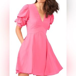 1. State V-Neck Tiered Short Bubble Sleeve Mini Dress Fit & Flare Iris Pink S.